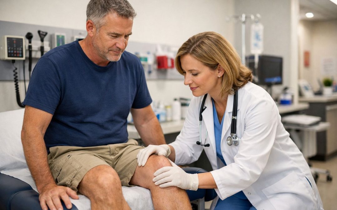 Urgent care provider examining a patient's knee in a clean, well-lit clinic treatment room