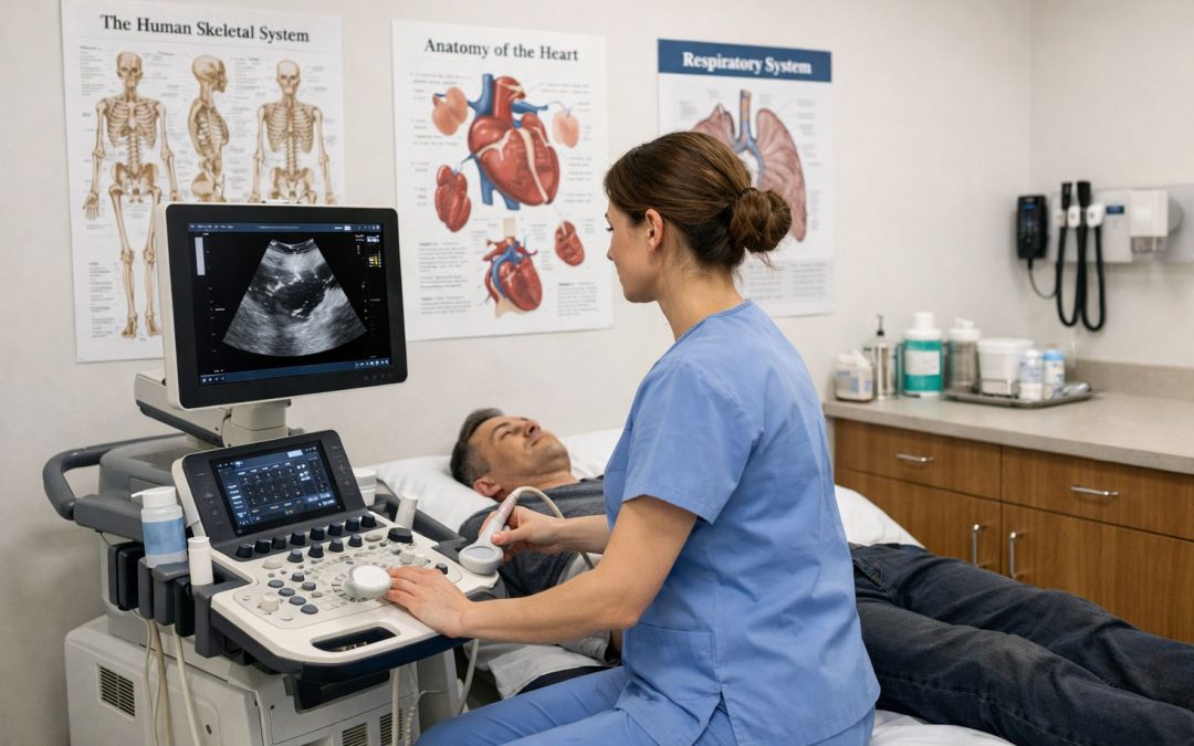 Medical provider performing ultrasound scan on patient in modern urgent care clinic exam room