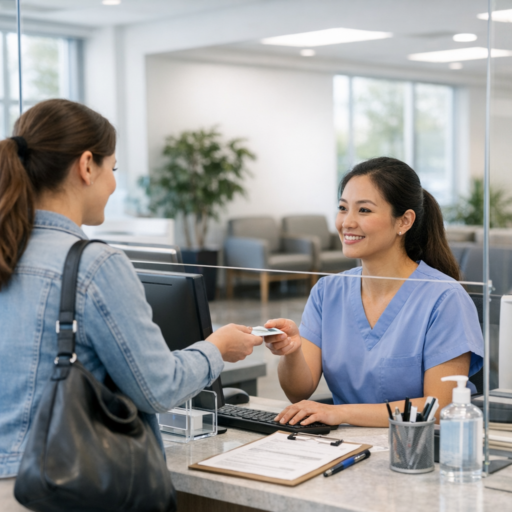 patient checking in at urgent care front desk with staff member assisting in clean clinic