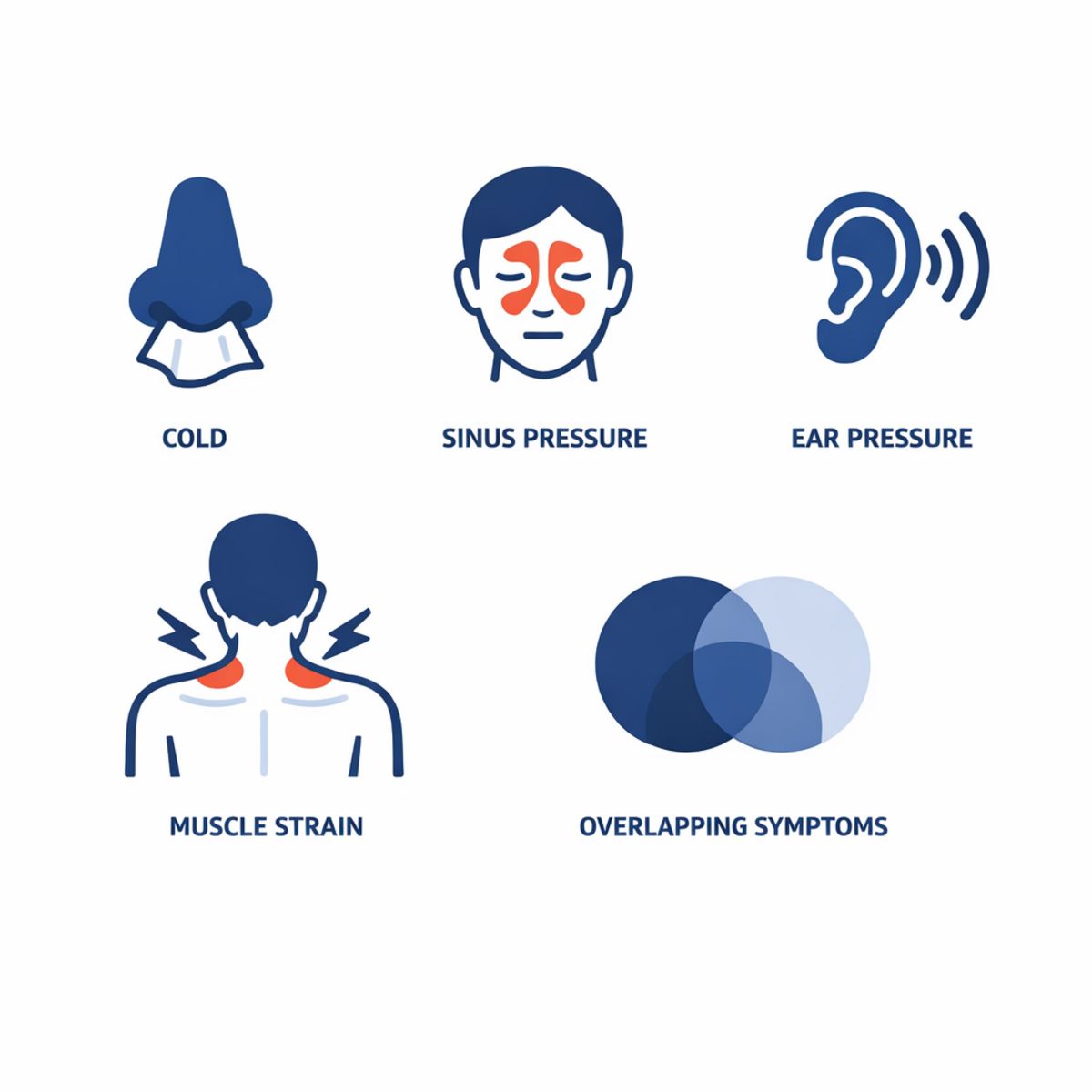 Infographic icon grid showing causes of cough-related head pain: cold, sinus, ear, muscle strain, overlap.