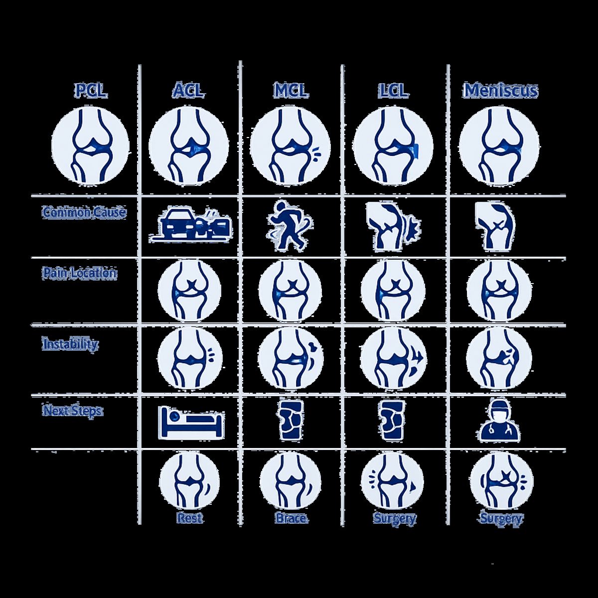 Infographic comparing PCL, ACL, MCL, LCL, and meniscus knee injuries by cause, pain, instability, and treatment icons.