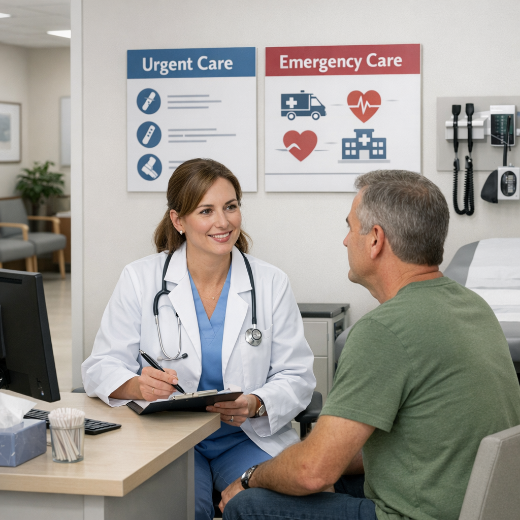 clinic consultation scene with provider and patient, urgent care versus emergency care signage cues, clean clinic setting