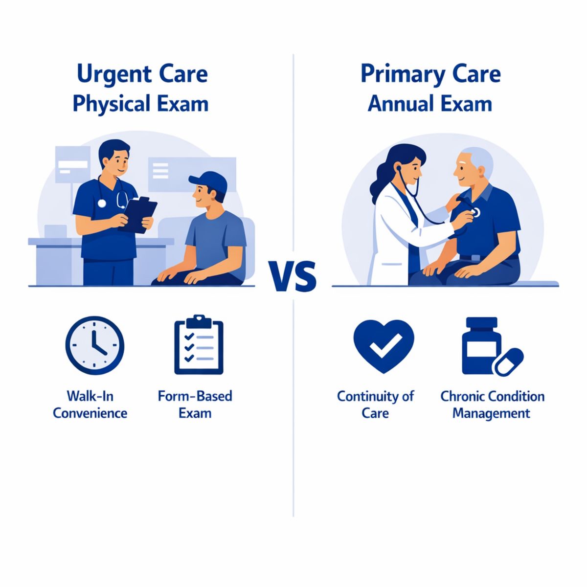 Infographic comparing urgent care and primary care physical exams with icons for convenience, continuity, chronic care, and