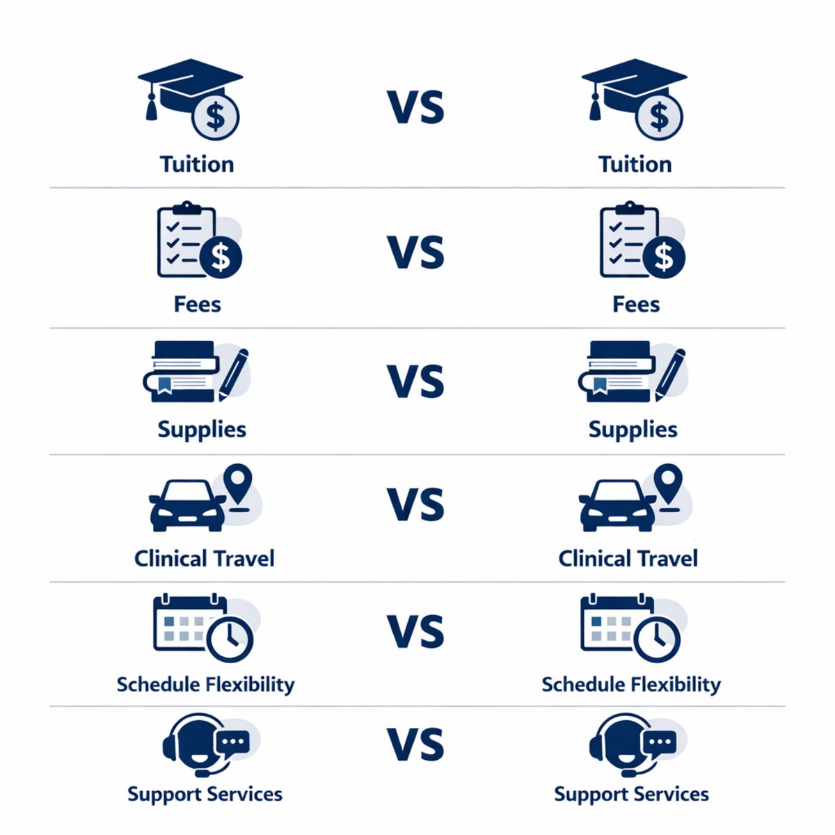 Infographic comparing six cost planning categories with icons for tuition, fees, supplies, travel, flexibility, and support.
