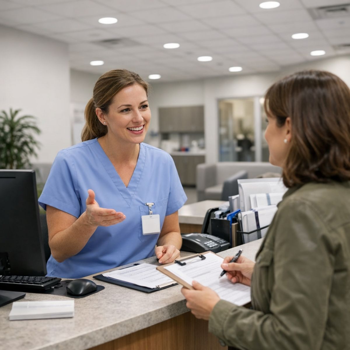 clinic front desk staff assisting patient with check-in and insurance in bright urgent care reception
