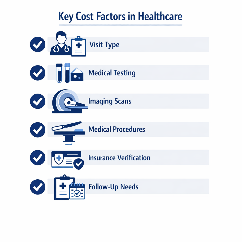 Checklist infographic of six healthcare cost factors with icons for each item.