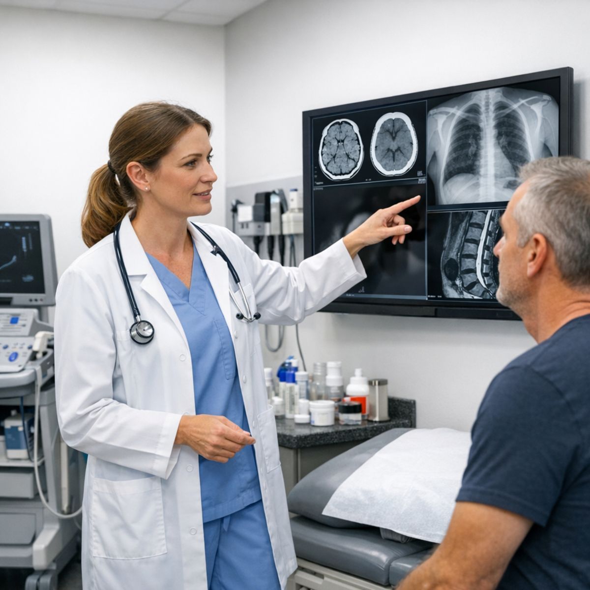 Medical provider reviews imaging results with patient in clean urgent care clinic