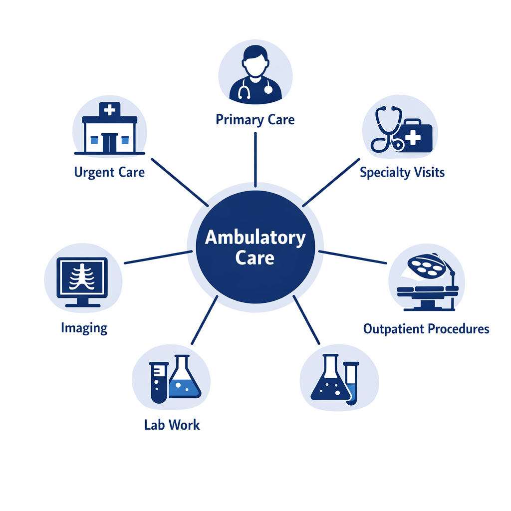 Radial infographic showing ambulatory care at center with six healthcare service branches.