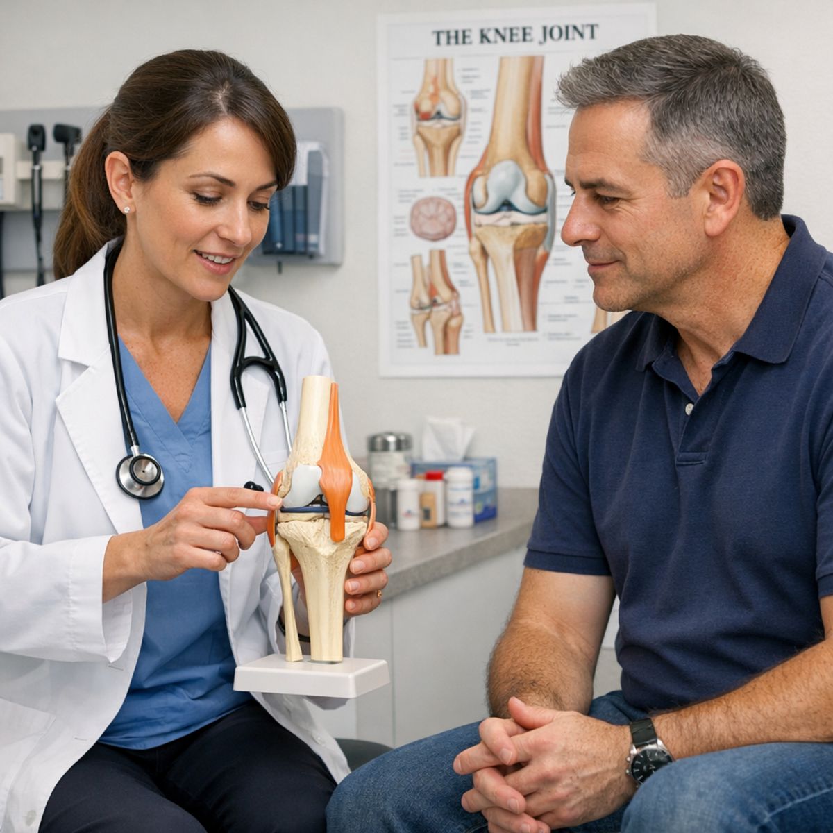 urgent care provider explaining knee anatomy to patient with model in bright clinic room