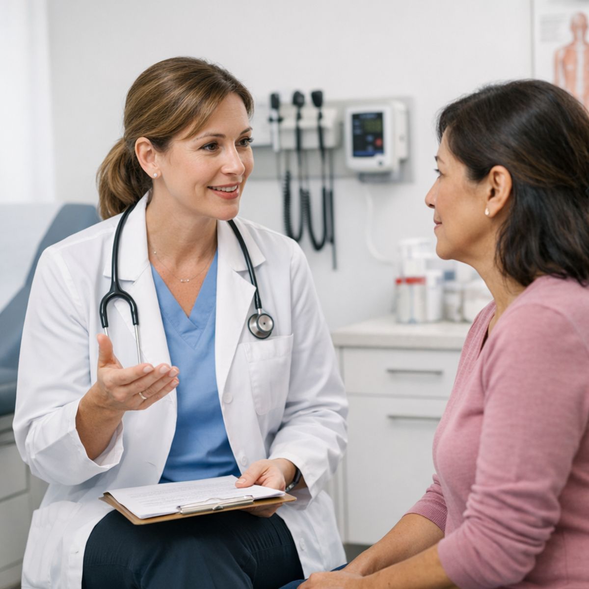 provider giving after-visit care instructions to patient in bright urgent care clinic exam room