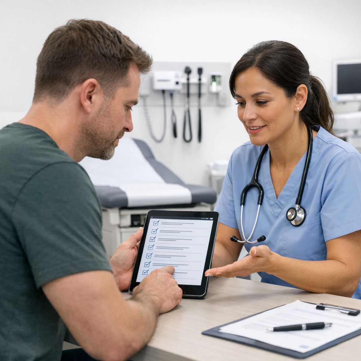 clinic consultation with patient and healthcare provider reviewing checklist on tablet in bright urgent care setting