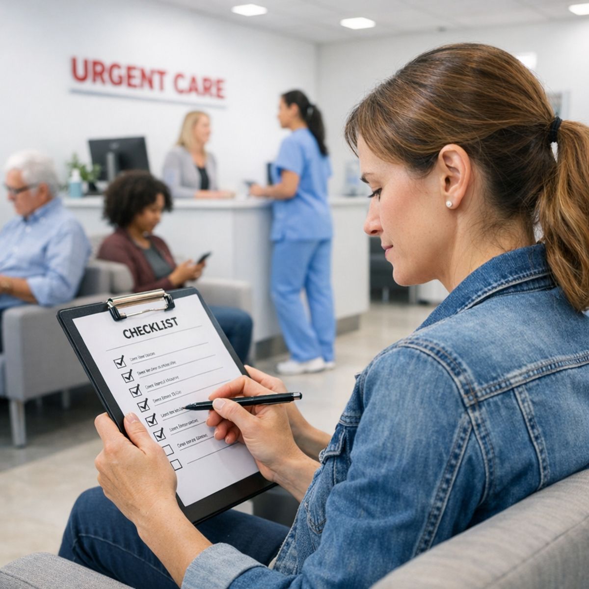 Patient reviewing checklist in modern urgent care clinic waiting area