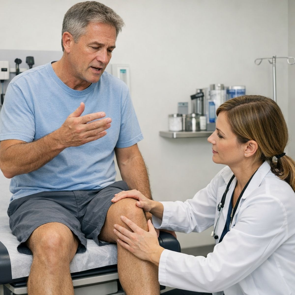 Urgent care provider examining patient's knee for pain and swelling in a clean clinic room