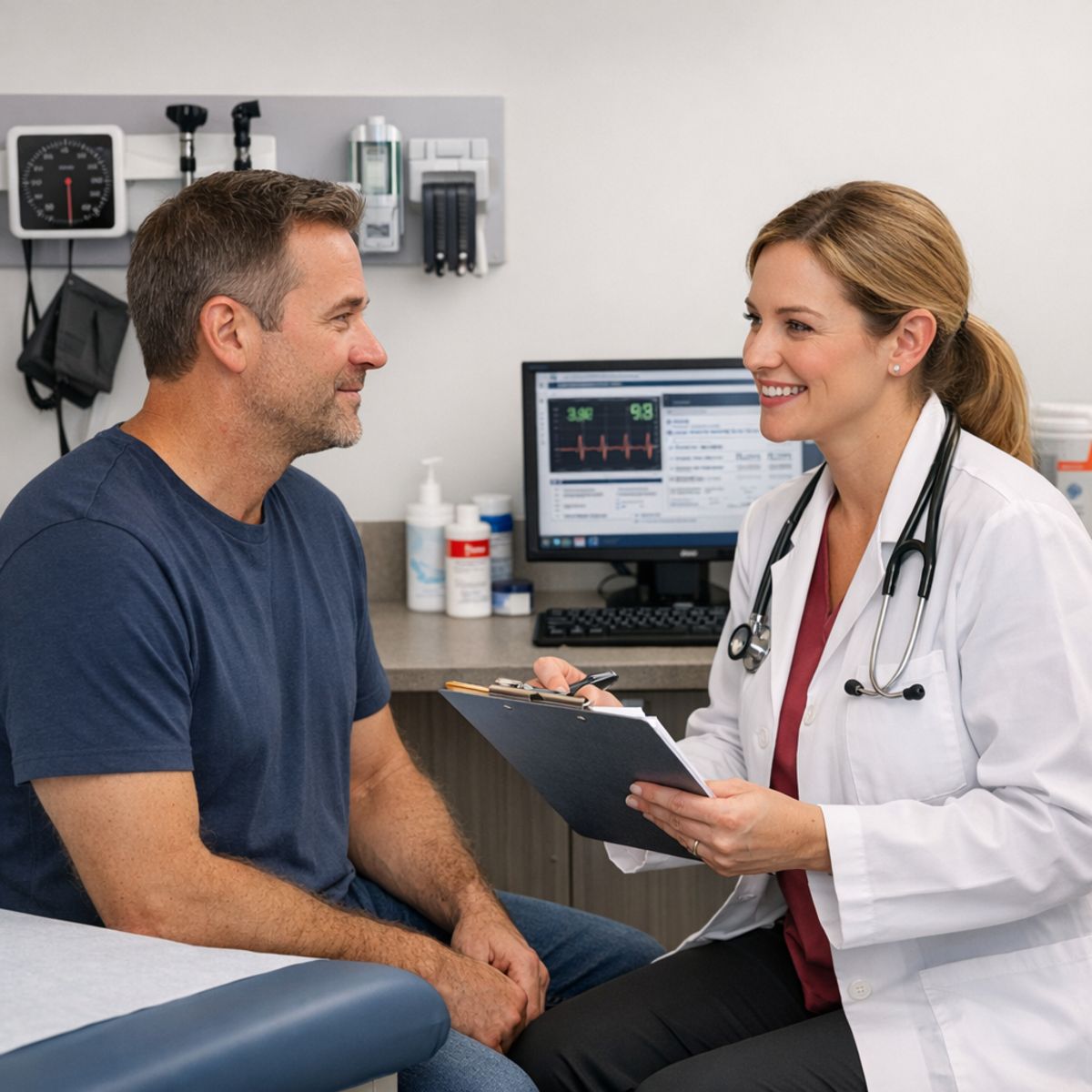 clinician reviewing male patient health history in bright urgent care exam room