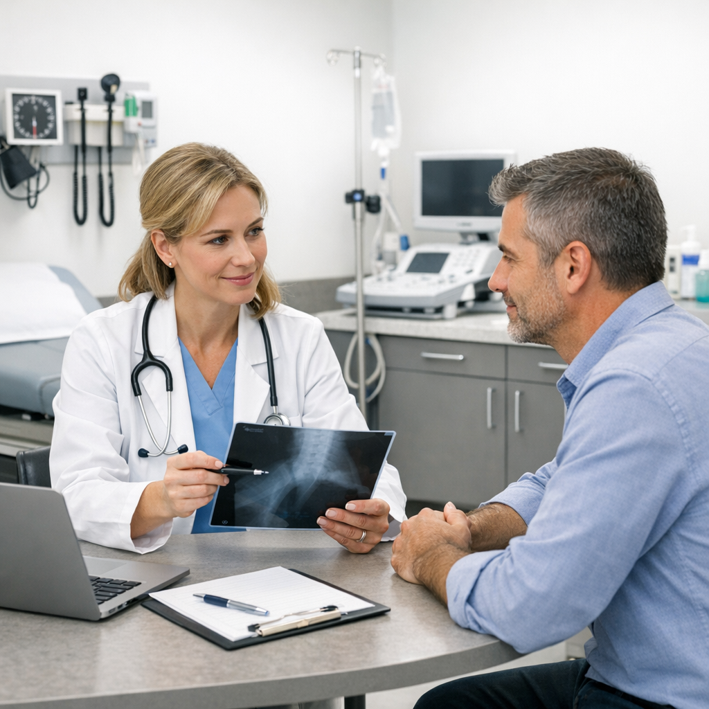medical provider discussing results with patient in bright outpatient clinic treatment room