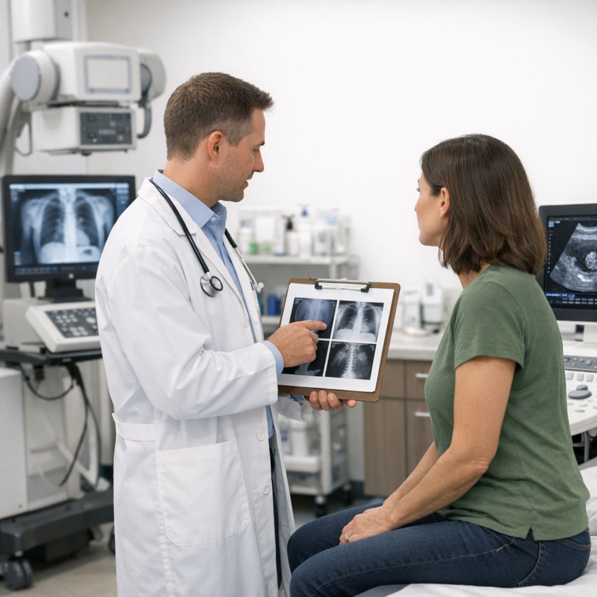 Urgent care provider consulting with patient beside imaging equipment in a bright, modern clinic