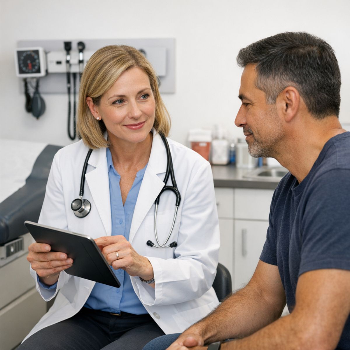 clinician using tablet to discuss preventive screening with adult male patient in urgent care exam room
