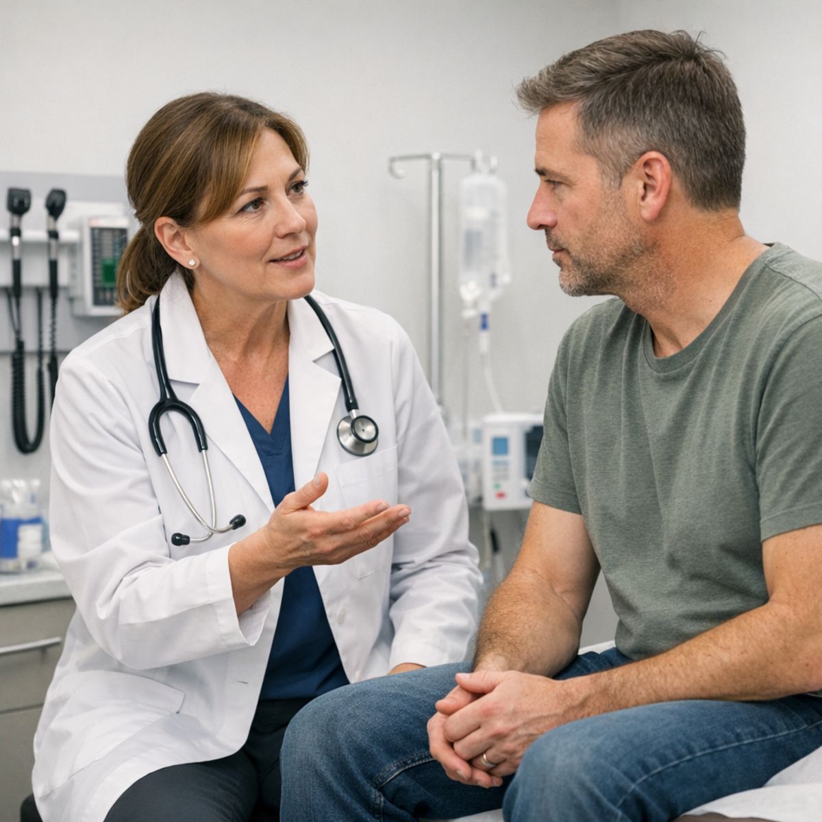 urgent care provider consulting patient about head pressure and cough in a clean clinic exam room