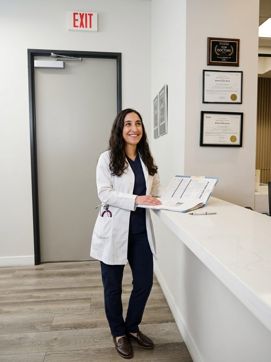 Amaryllis Malekniazi, FNP-C reviewing a patient file at the front desk of Prime Urgent Care in Encino