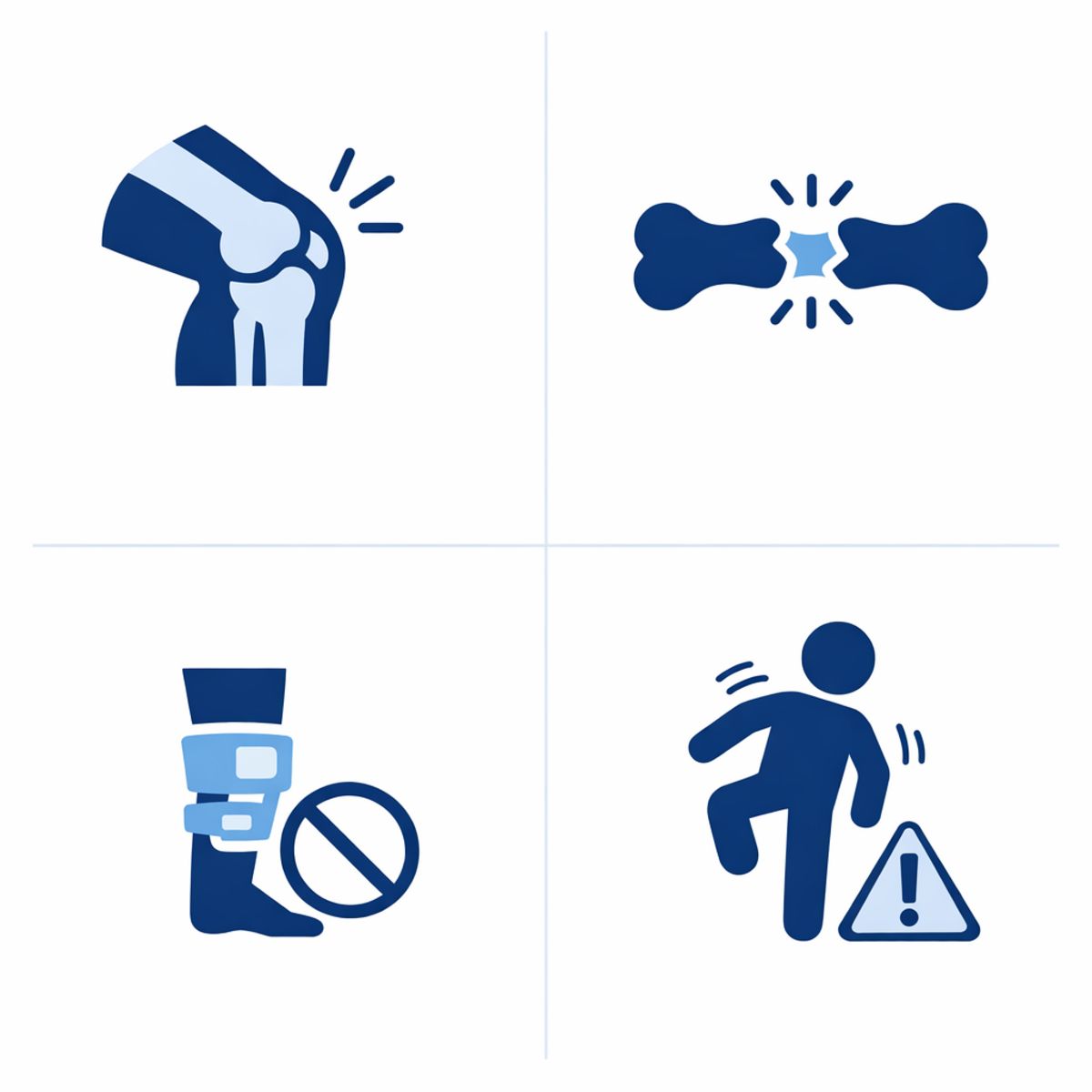 Infographic with icons for knee swelling, instability, limited motion, and inability to bear weight.