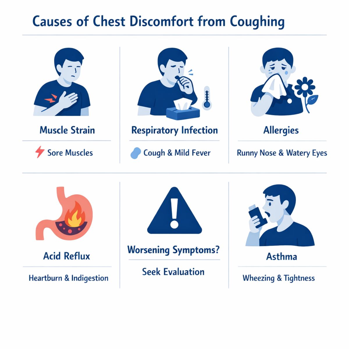 Infographic icons showing common non-emergency causes of chest discomfort from coughing.