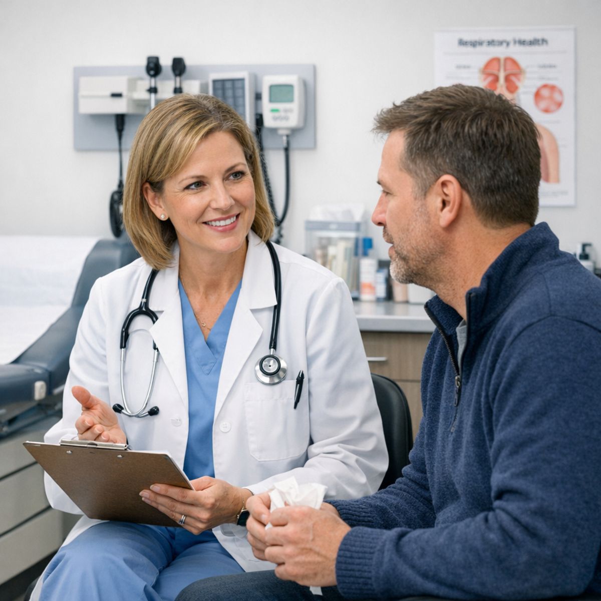 urgent care provider consulting adult patient about cold, cough, and sinus symptoms in a modern exam room