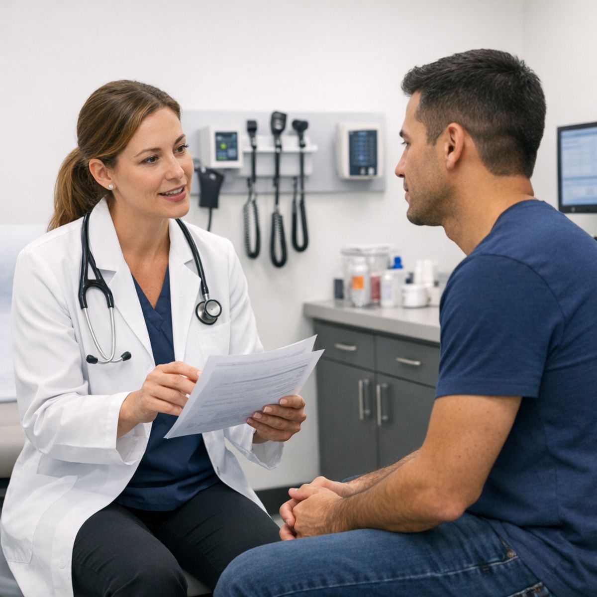urgent care provider discussing exam results and next steps with patient in bright, clean consultation room