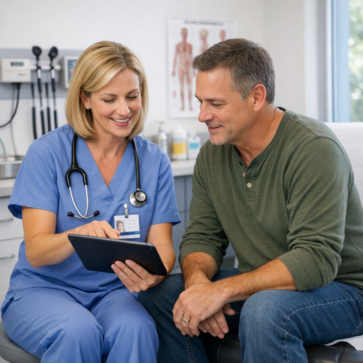 urgent care provider discussing test results with patient in bright exam room