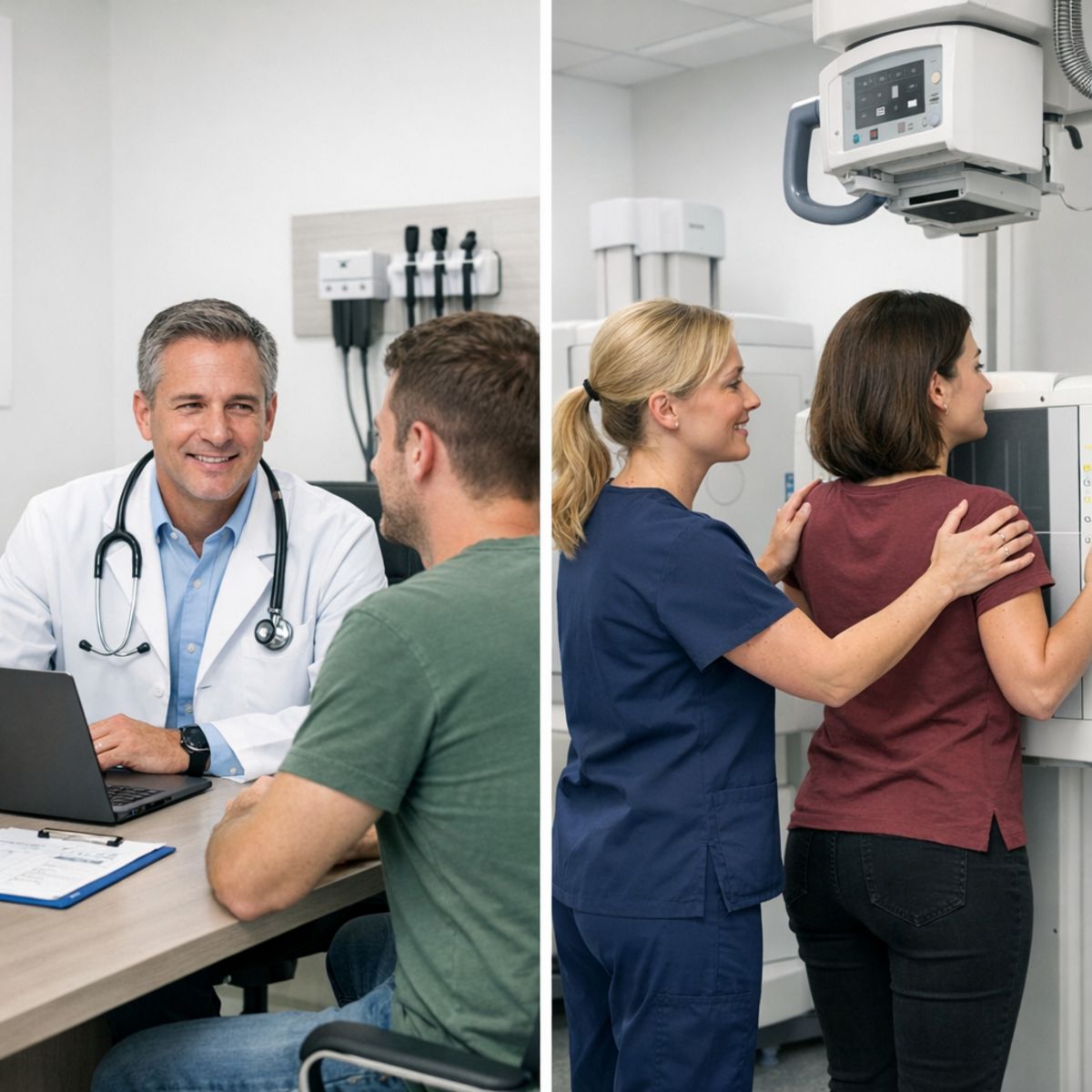 Urgent care clinic split scene with patient consultation and in-clinic x-ray setup