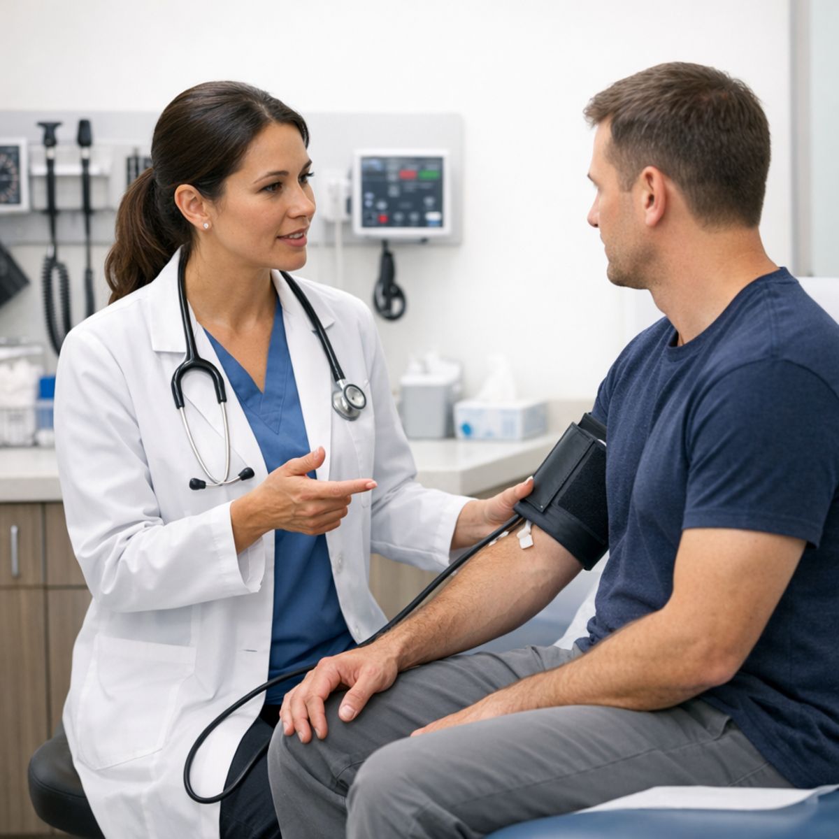 Medical provider checking vital signs and consulting with patient in modern urgent care exam room