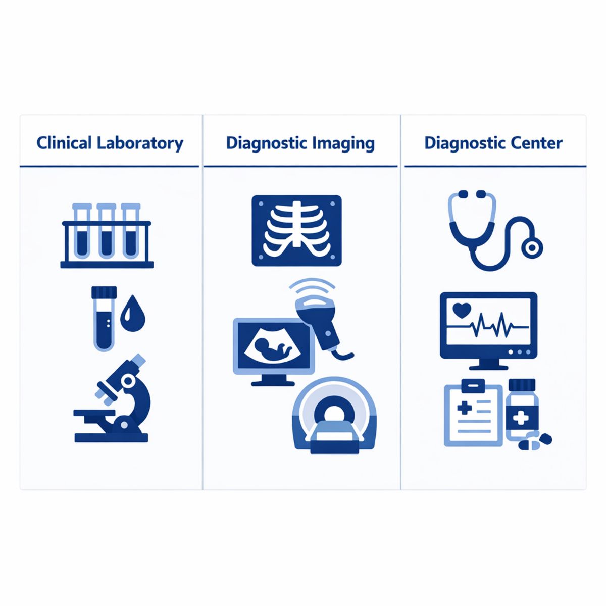 Infographic comparing clinical lab, diagnostic imaging, and diagnostic center services with icons.