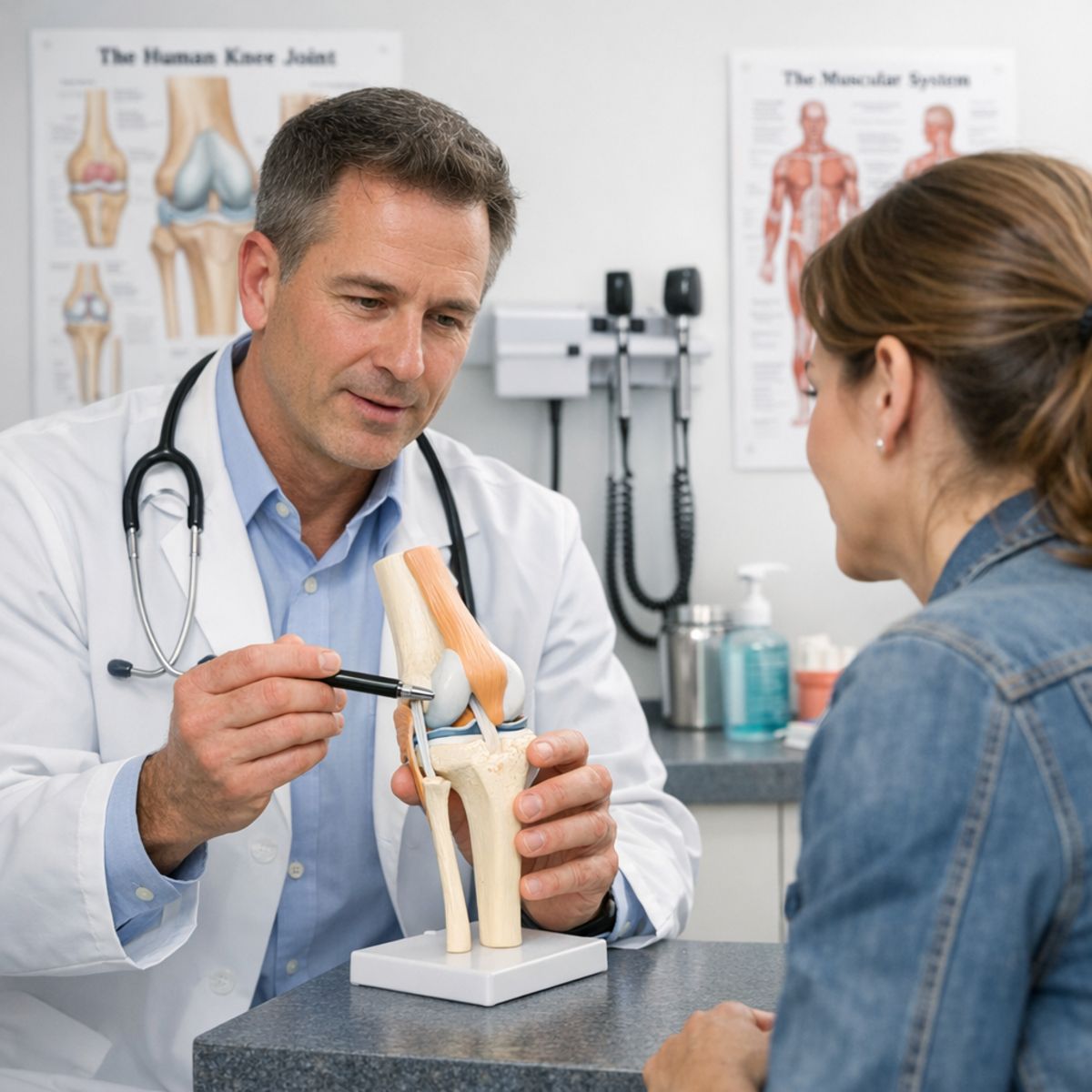 Urgent care provider explaining knee ligaments and cartilage to patient with anatomical model in clinic exam room