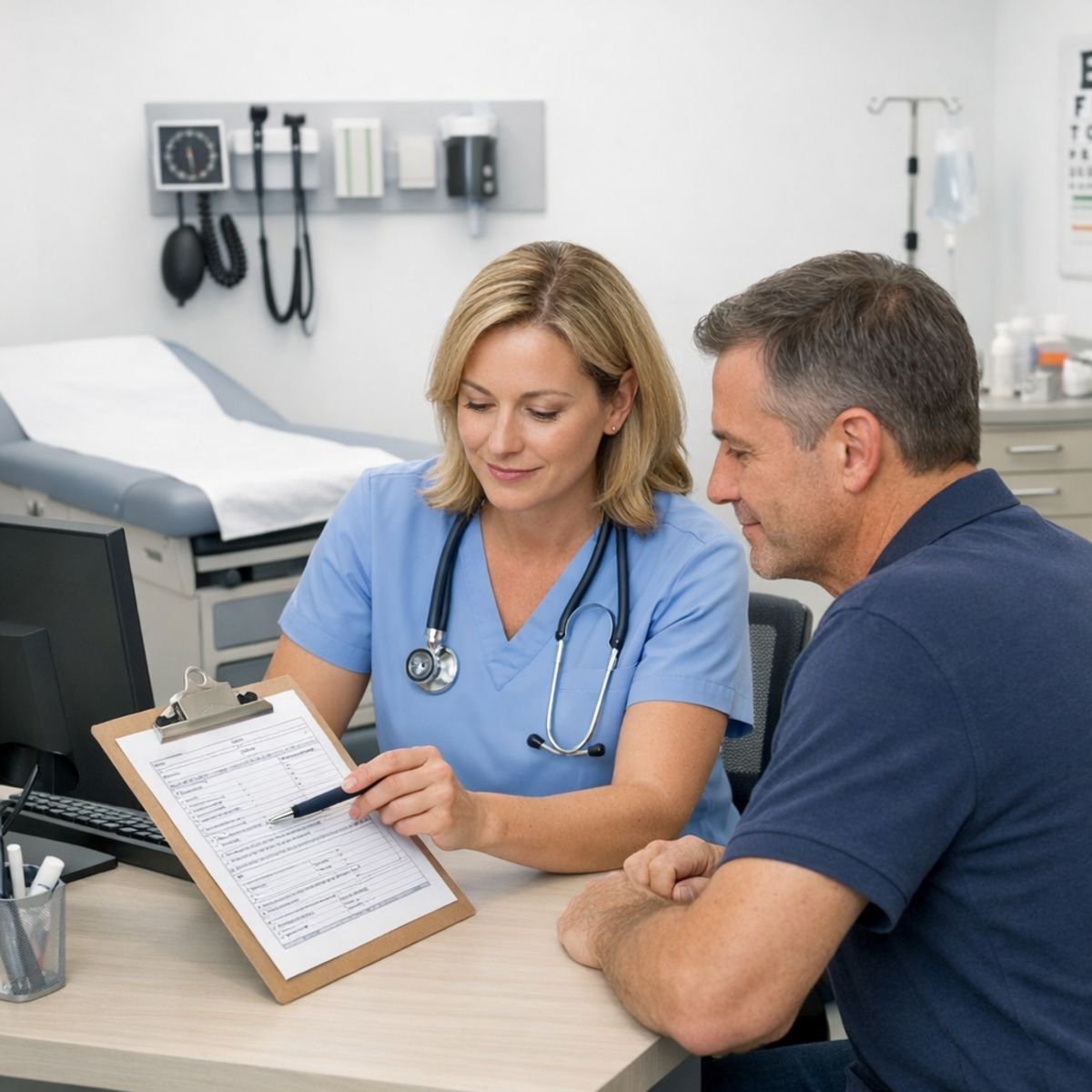 Patient and medical provider reviewing exam paperwork in a bright urgent care clinic room