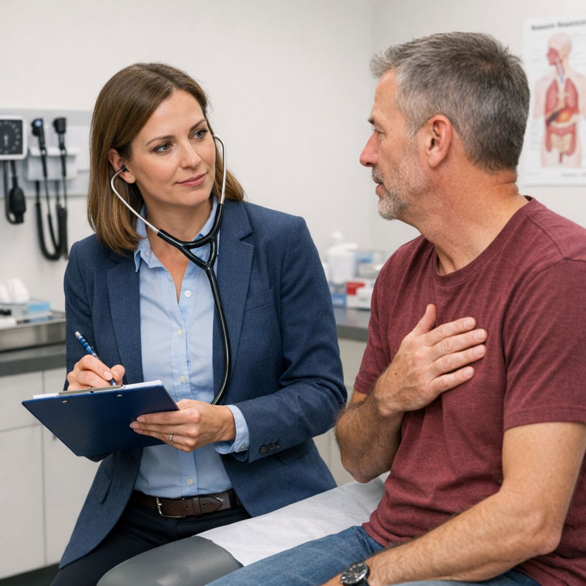 Urgent care provider assessing patient with cough-related chest discomfort in a bright exam room