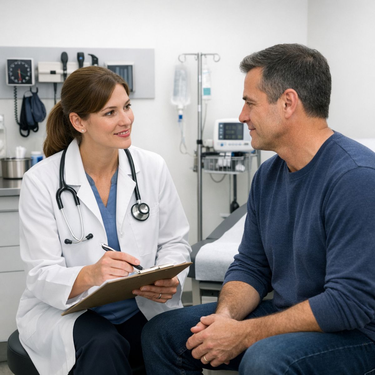 urgent care provider consulting patient in bright exam room discussing same-day clinic care