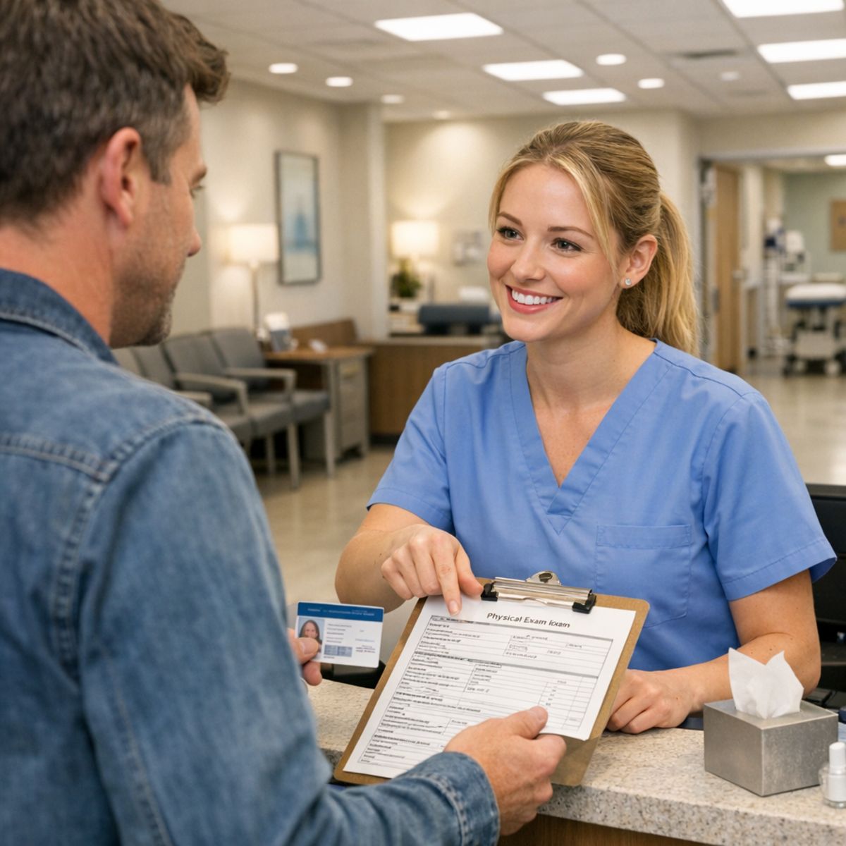 patient at urgent care reception desk with forms and staff guidance in bright clinic