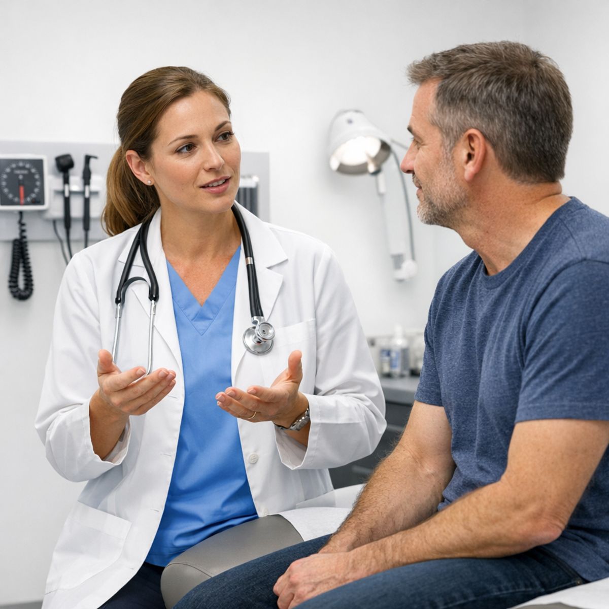 Urgent care provider explaining symptom management to patient in a bright exam room