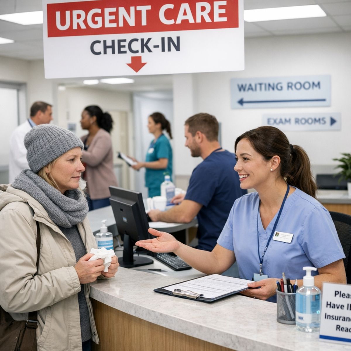 patient checking in at urgent care front desk with staff in bright clean clinic