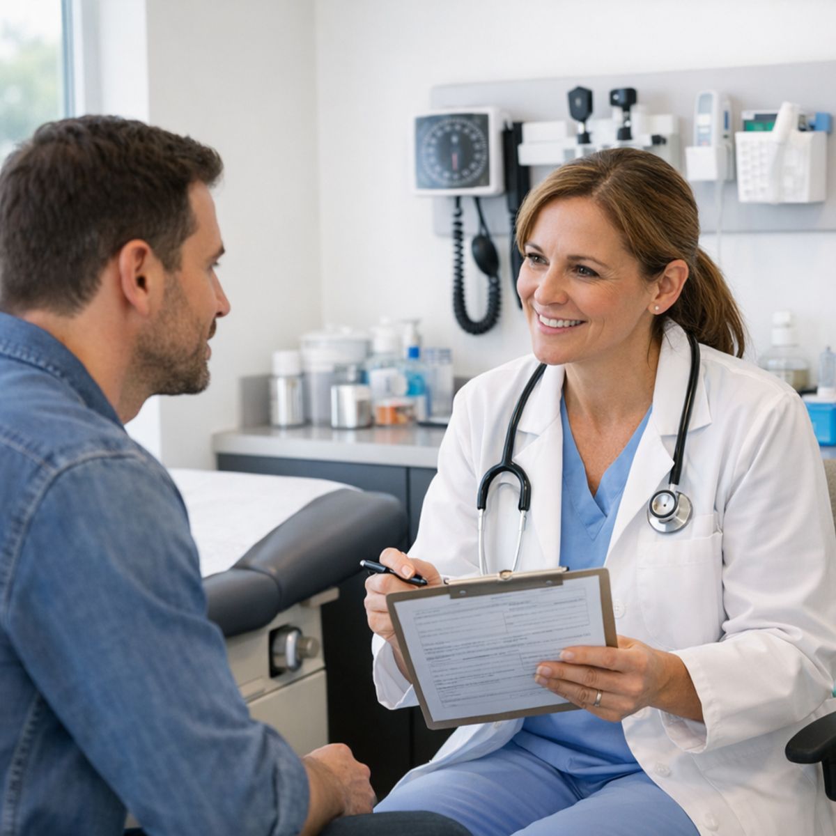 Clinician and adult patient reviewing intake forms in a bright urgent care exam room