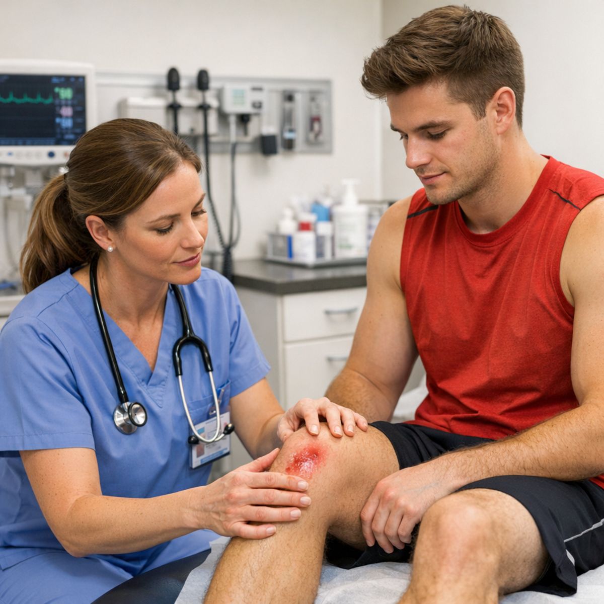 provider evaluating patient with minor sports injury in bright urgent care treatment room