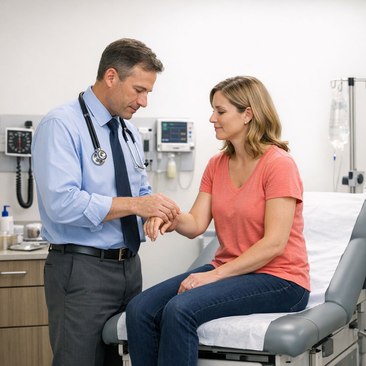 urgent care provider evaluating patient in bright clinic treatment room