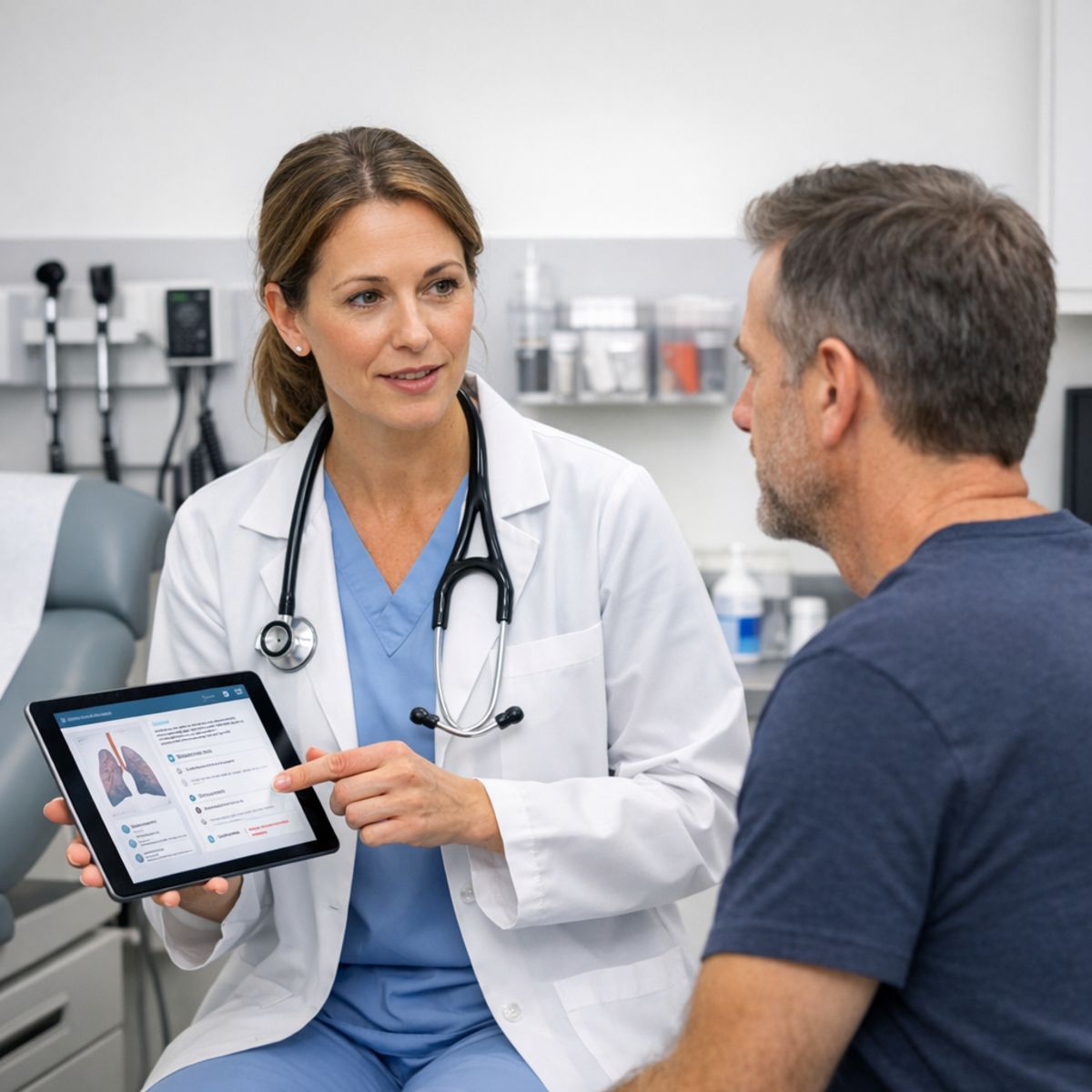 medical provider reviews care options with patient in bright urgent care exam room