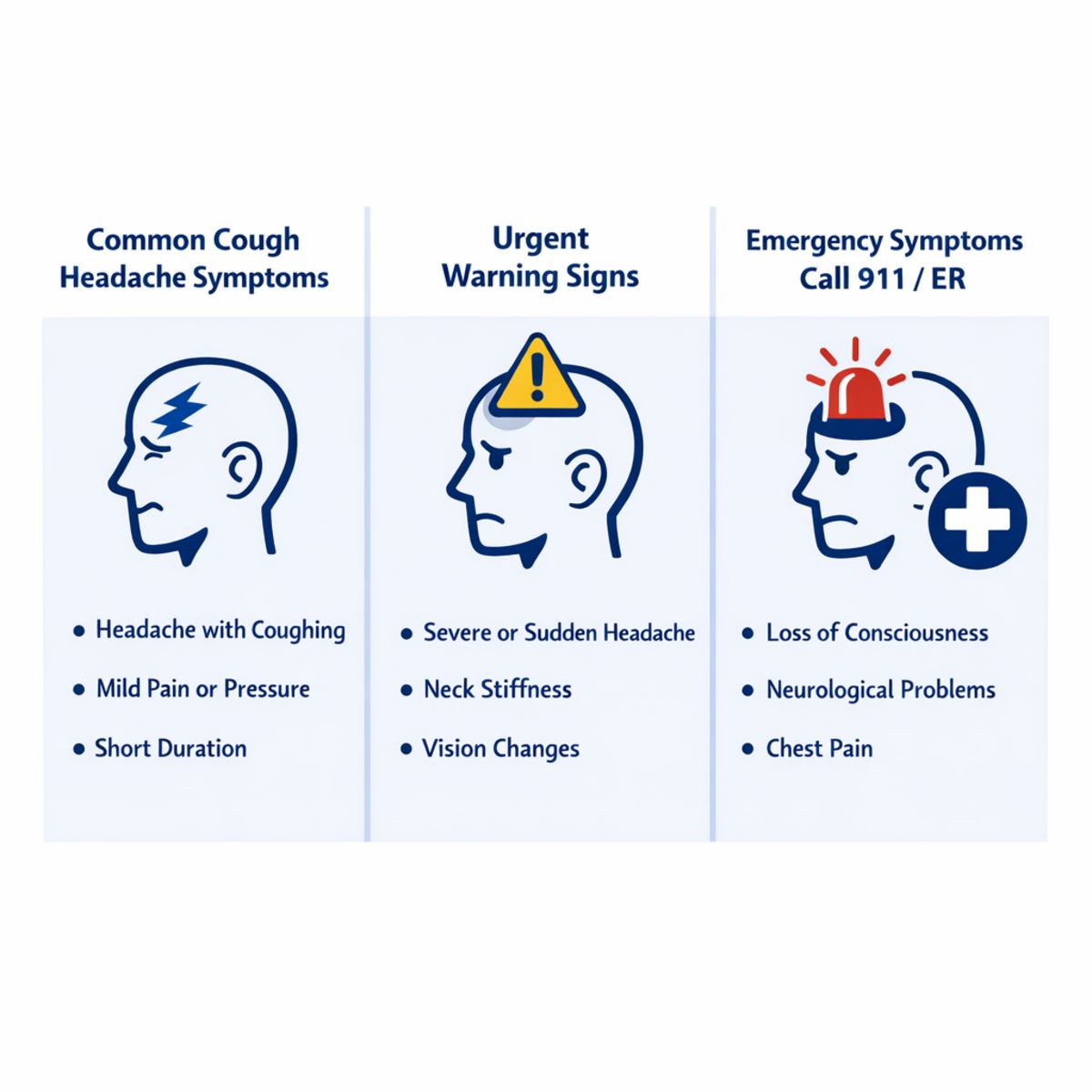 Infographic comparing common, urgent, and emergency cough headache symptoms.