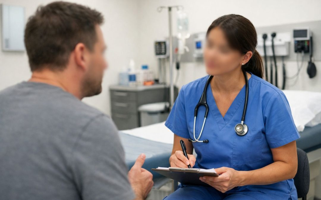 Urgent care nurse assessing adult patient in a bright, clean clinic treatment room for respiratory symptoms