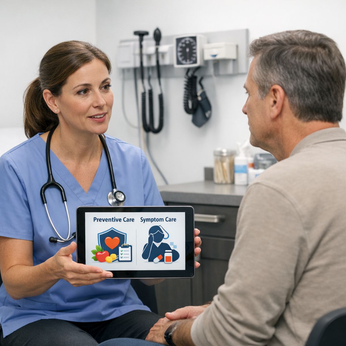 Clinic consultation with provider discussing preventive and symptom-based care options with patient in urgent care setting