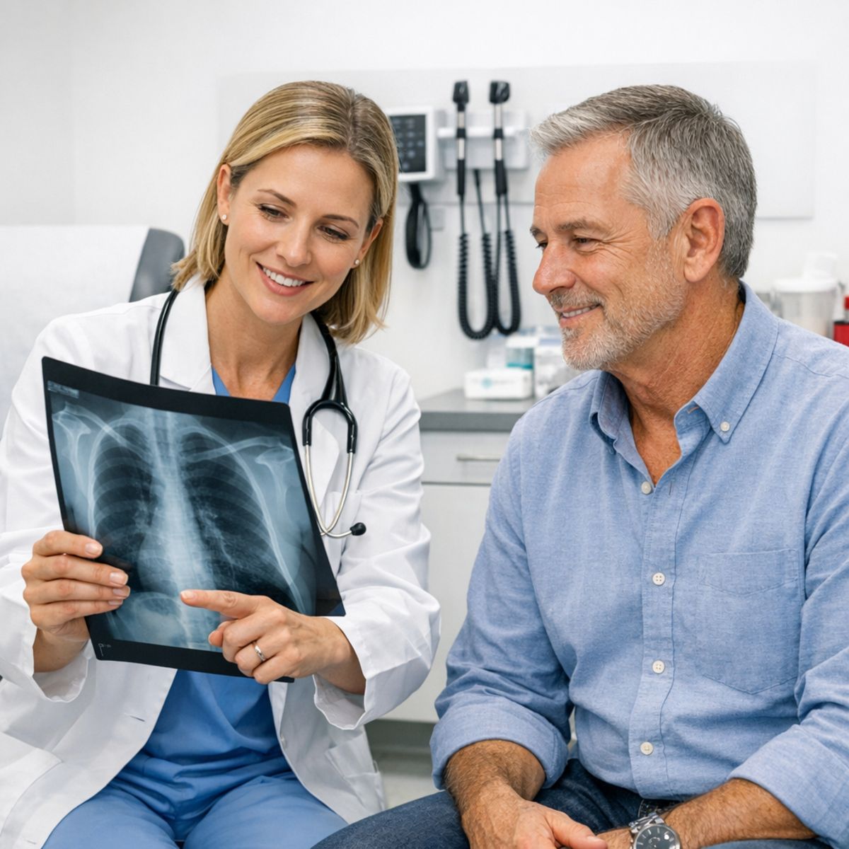 Clinician reviewing X-ray with patient in bright urgent care exam room, explaining results and providing reassurance