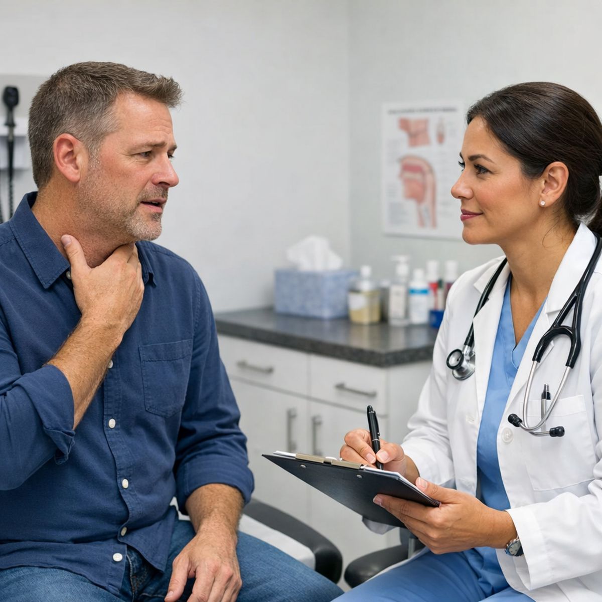 adult patient consulting with provider about cough and sore throat in a clean urgent care clinic