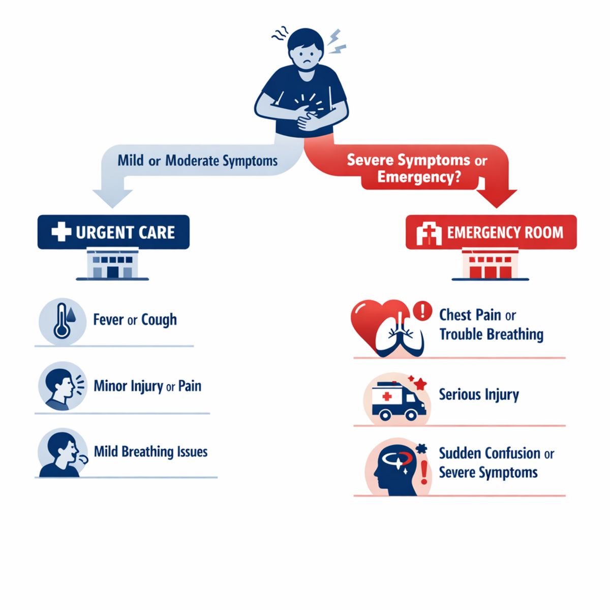 Infographic showing decision-tree for urgent care vs ER based on symptom severity and emergency signs.