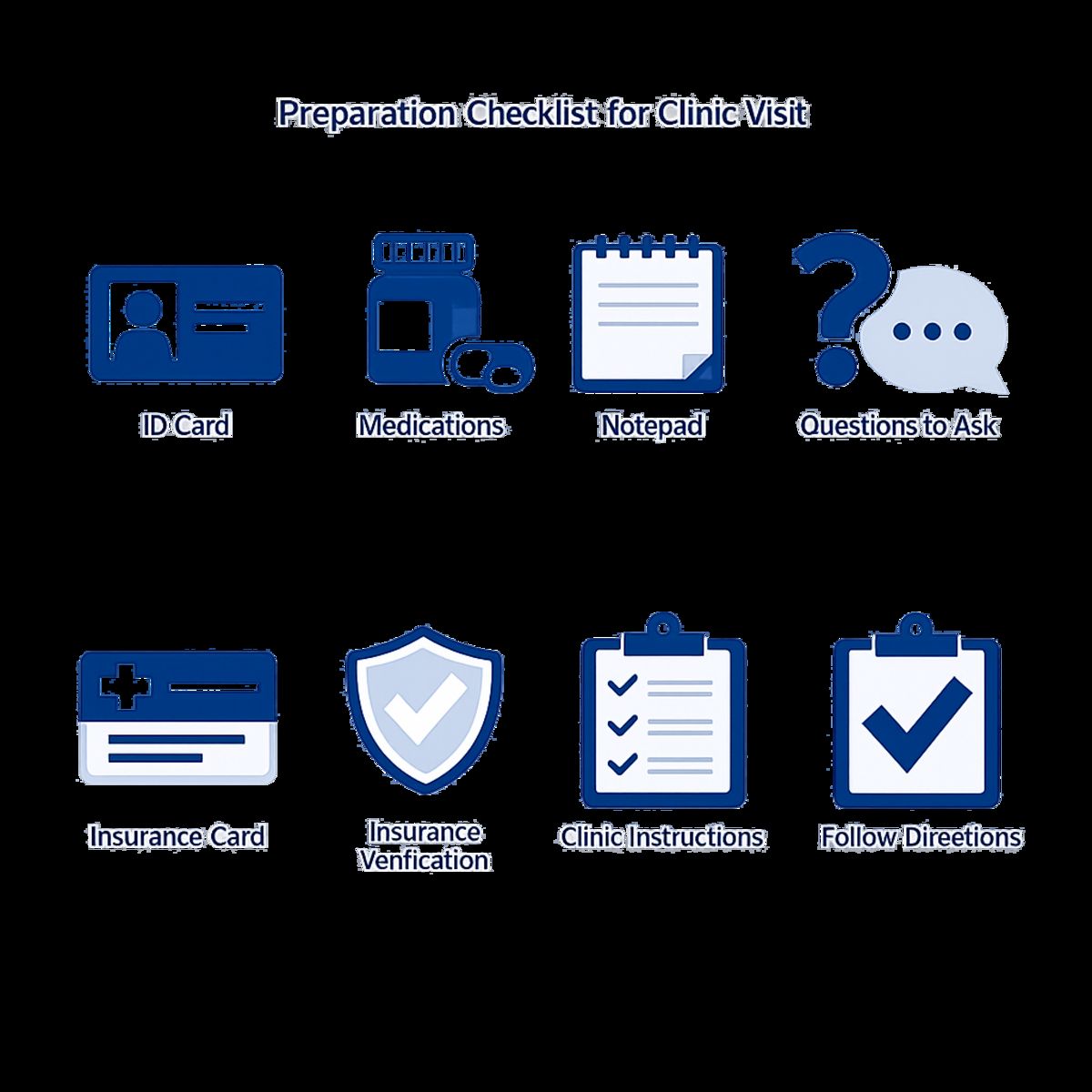 Clinic visit preparation checklist with icons for items, questions, insurance, and instructions.