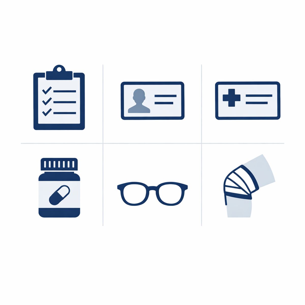 Checklist icons for items to bring to a sports physical, including forms, ID, insurance, medications, eyewear, and injury